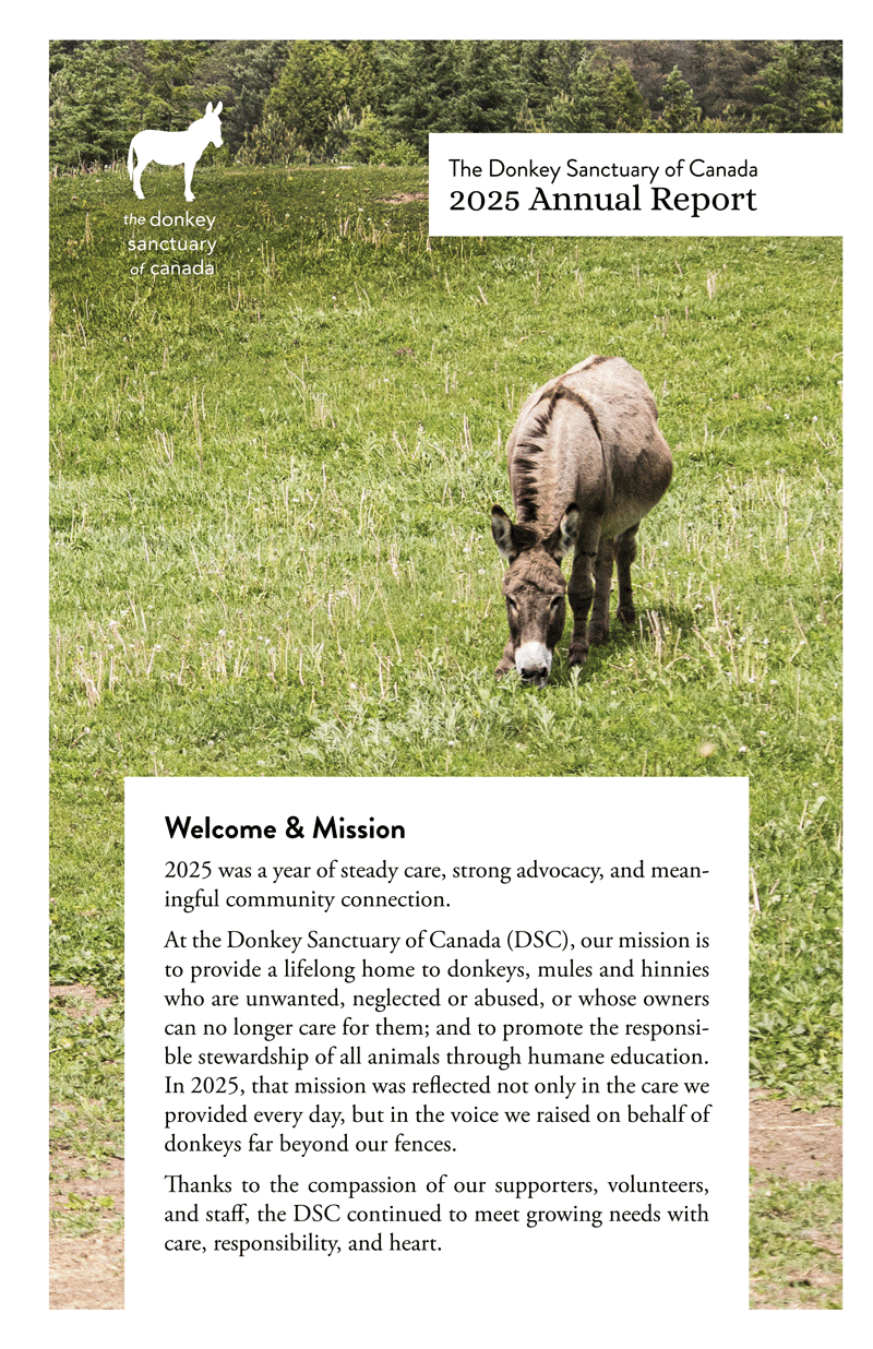 The Donkey Sanctuary of Canada 2025 Annual Report cover.